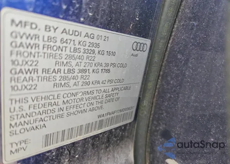 2021 Audi Q8 Prestige S-Line из США, поврежденный, VIN WA1FVAF17MD026251